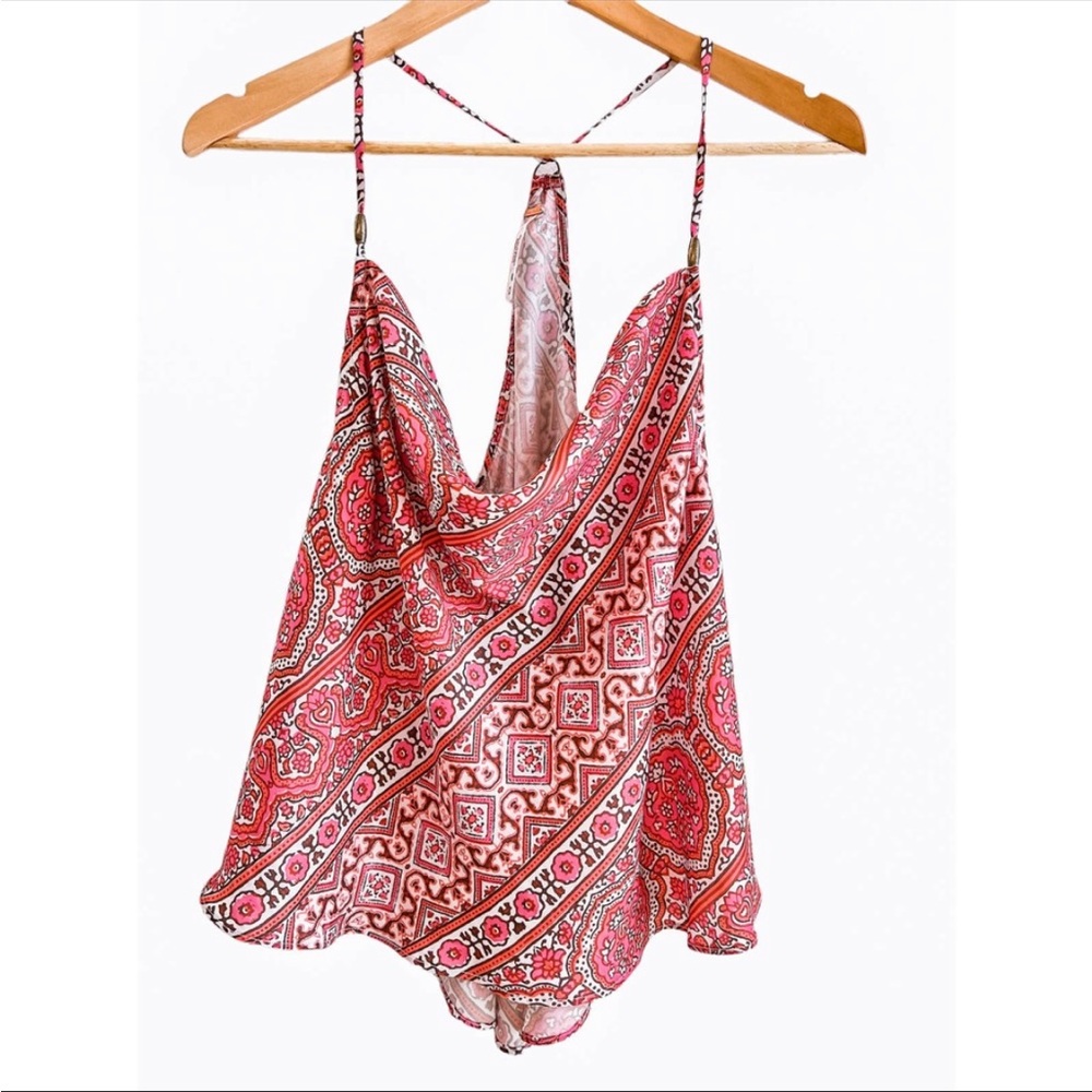 Free People Pink Paisley Stevie Cowl Neck Top Tank Top womens size medium